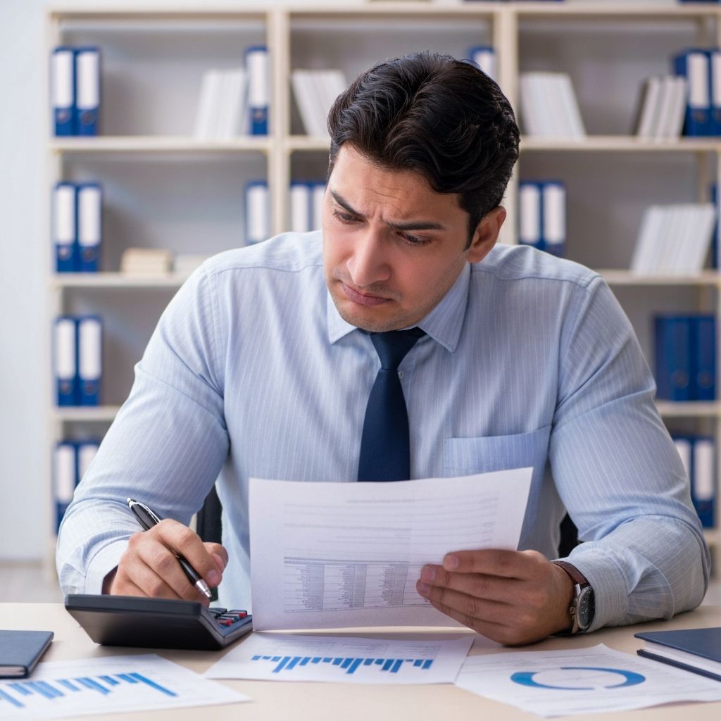 Investor reviewing documents with concern